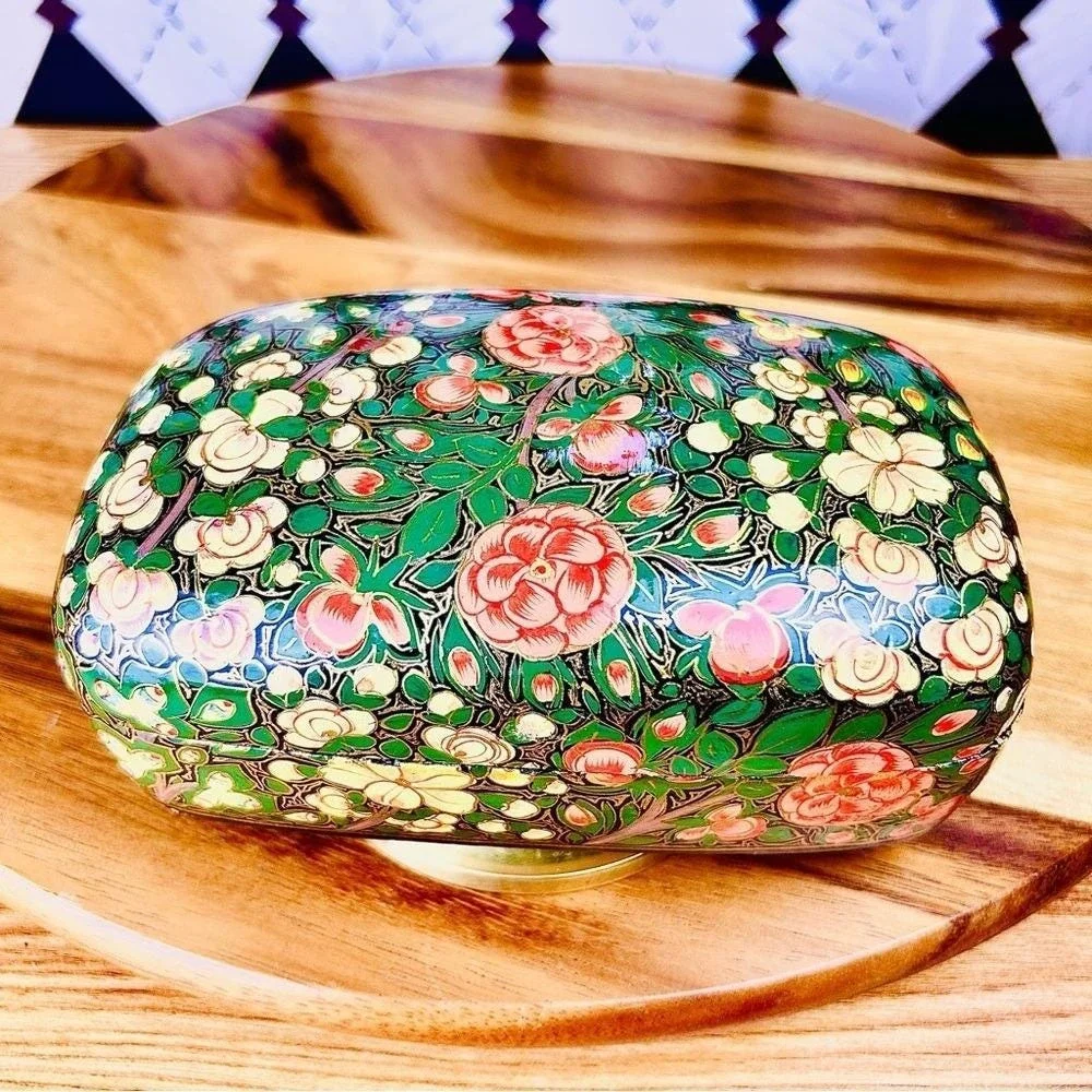 Boho‎ Lacquer Lidded Box Handpainted Kashmiri: Florals Gold, Red Green India 7